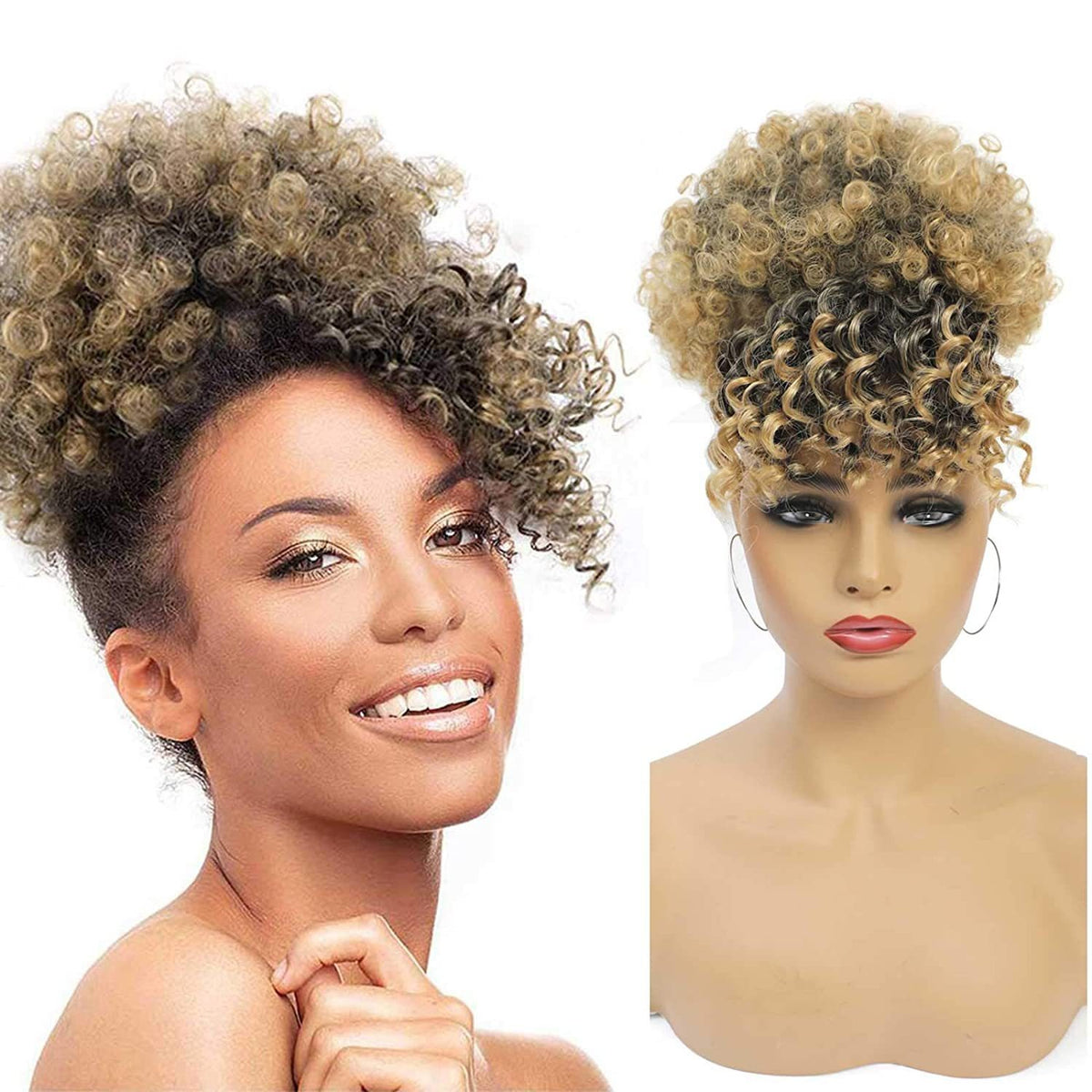 Coiffure tendance style européen/américain : frange volumineuse et petits rouleaux façon « chenille » pour cheveux afro.