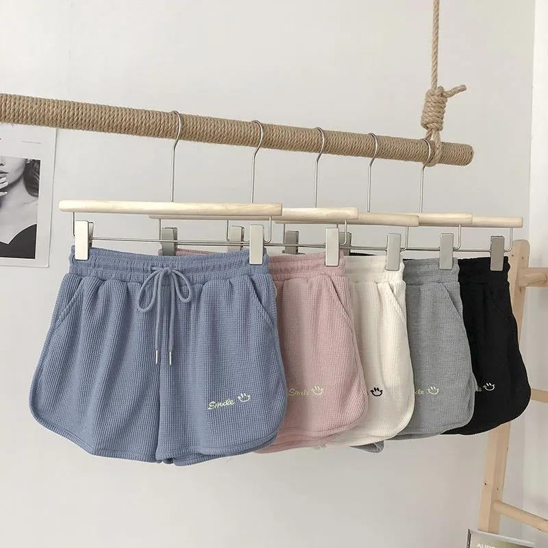 17,35 USD - Short de survêtement en maille gaufrée pour femme, idéal pour l'été, décontracté, ample, taille haute, à porter à la maison, jambes larges, short court, vêtement d'extérieur