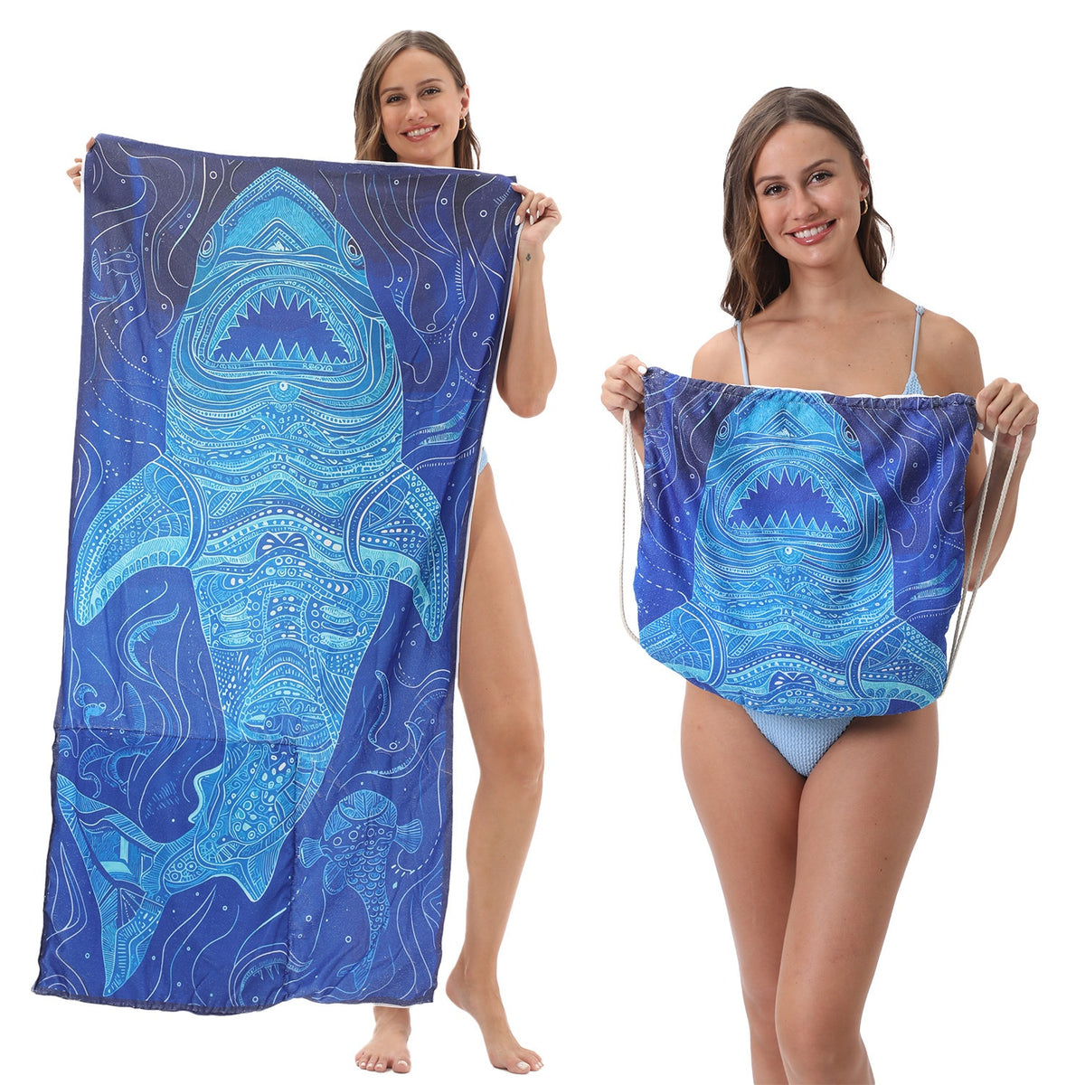 Serviette de plage pliable 2-en-1 et serviette de bain imprimée – Serviette de plage tout-en-un avec sac de rangement