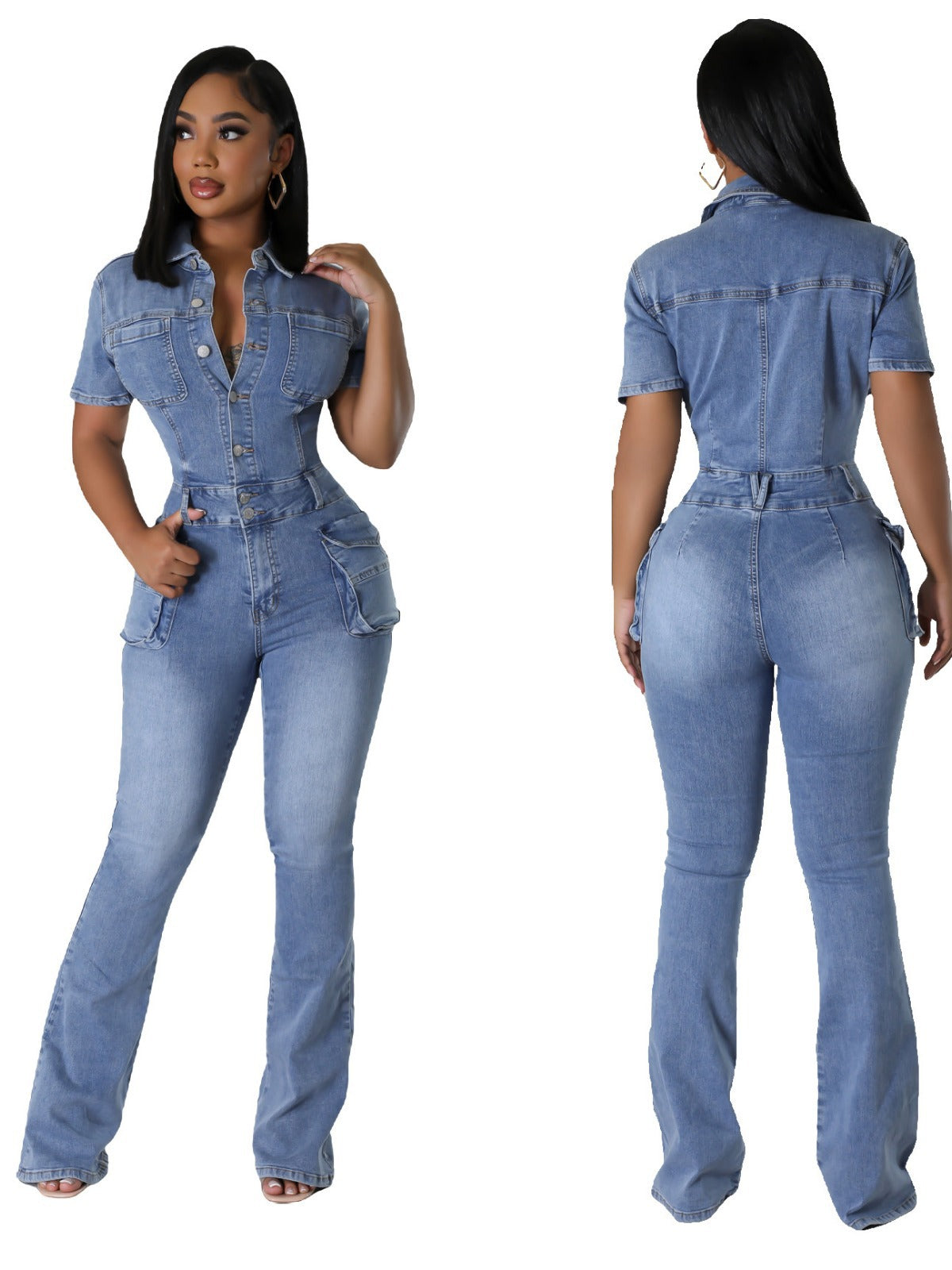 Floral washed denim jumpsuit, slim fit and cinched waist, European and American style