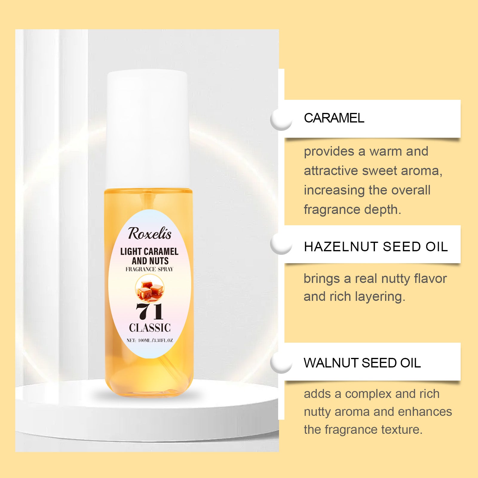 16.88 USD - Roxelis Light Caramel Scented Body Mist - Long-lasting Fresh Body Fragrance