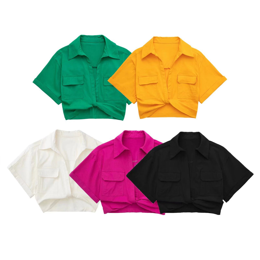 Chemise courte multicolore pour femme en mélange de lin extensible – Nouveauté été