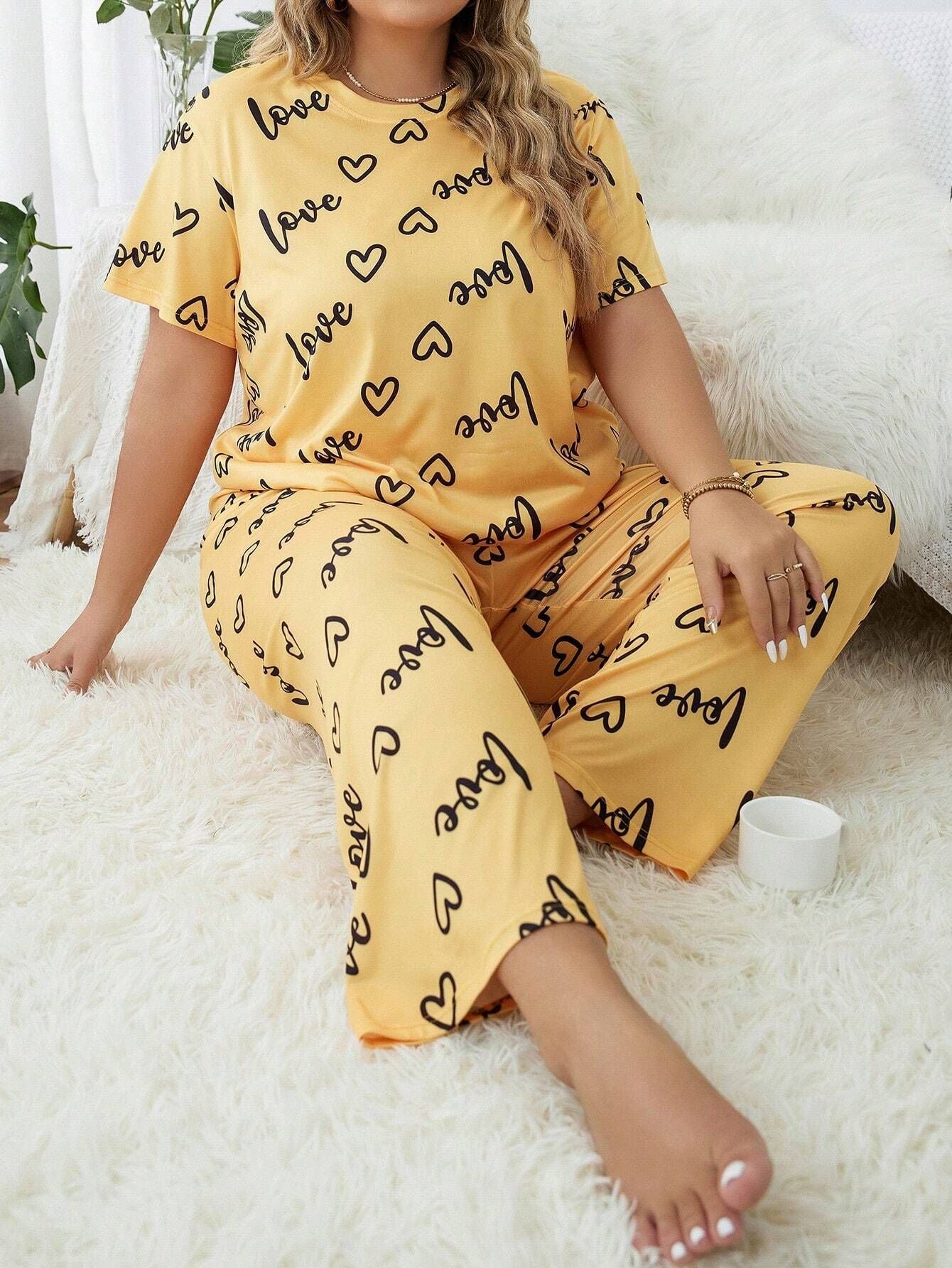 Ensemble de pyjama femme grande taille à manches courtes et pantalon long, col rond et lettre cœur