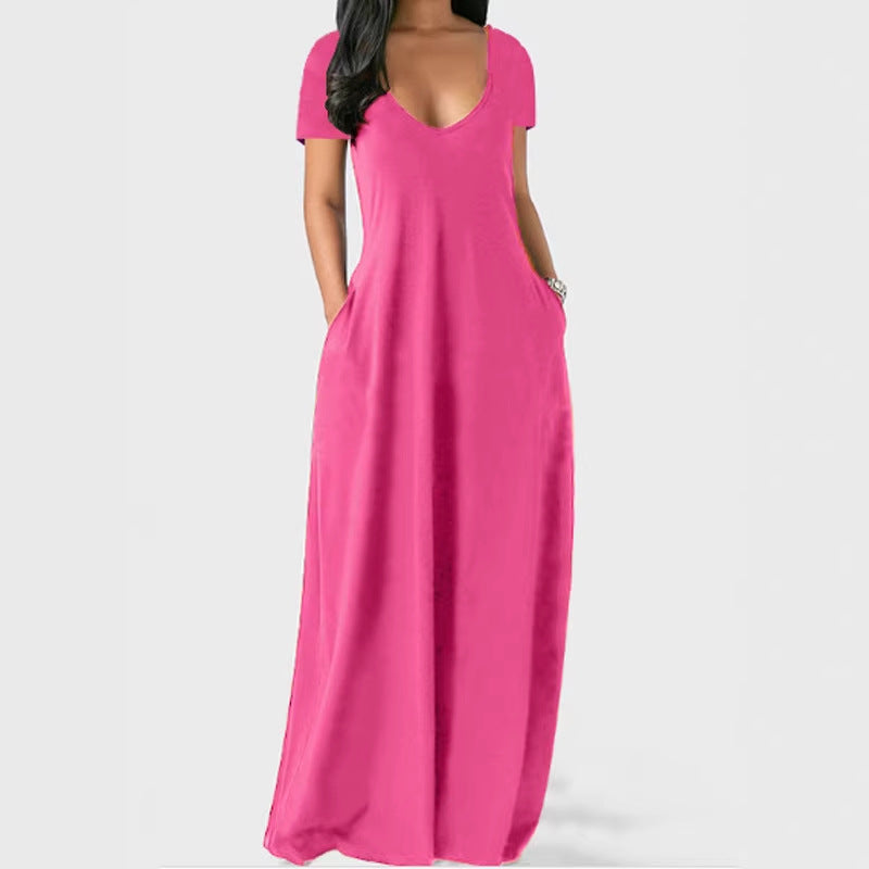 Robe d'été grande taille unie pour femme, sexy, décolleté plongeant en V, manches courtes, longue