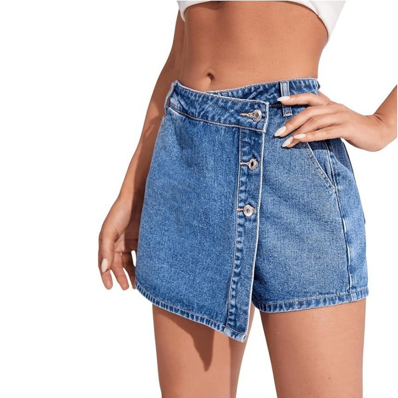 Women's Fashionable High-Slit Plain Cotton Denim Skort