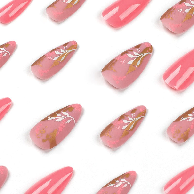 Wearable Manicure Pink polka dot nails Gold leaf ink White flower nail stickers Removable nails