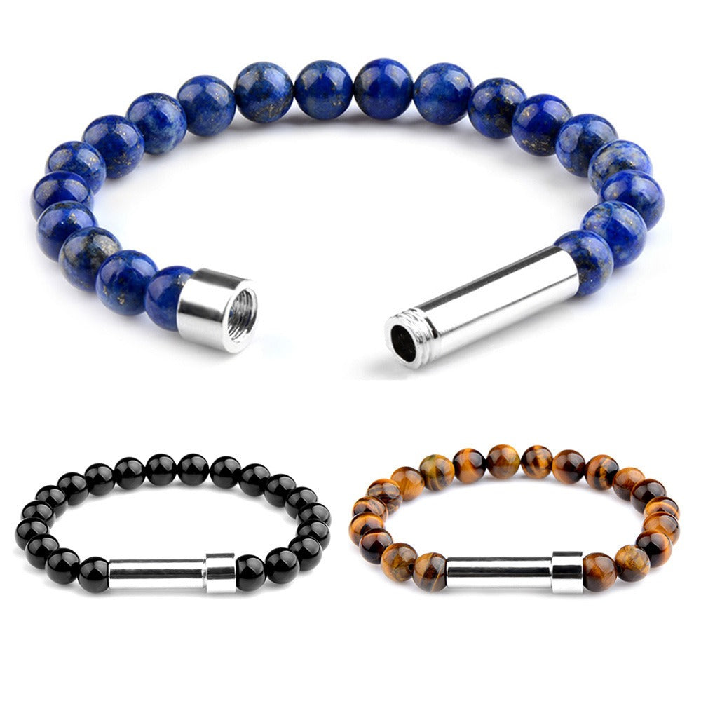 $13.53/18.44 - Natural stone lucky charm bracelet, tiger's eye, lapis lazuli, stainless steel chain with round clasp and wish paper.