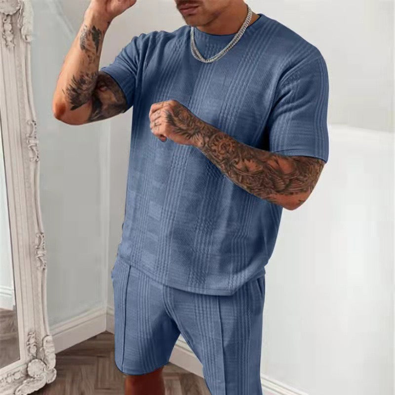 Men's casual round-neck short-sleeved t-shirt set with 3D print