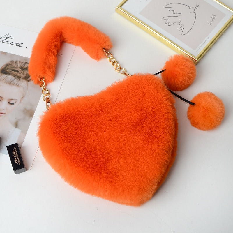 Women's Cyber Red Fashion Plush Heart-shaped Handbag, Slanted Style, with Hair Clip and Wallet.