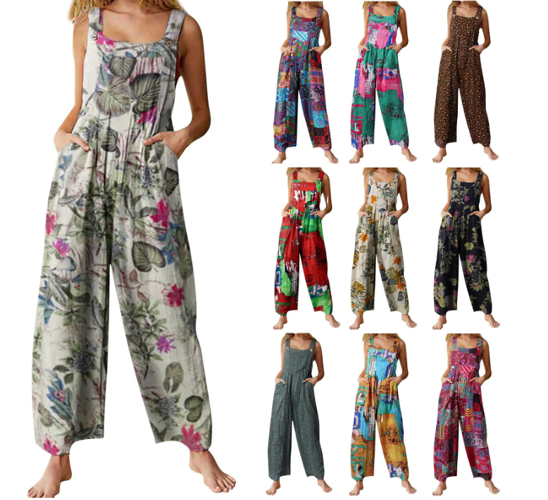 Combinaison en coton-lin décontractée pour femme – Sans manches, coupe ample, jambes larges, grandes tailles, style salopette longue et ample avec poches