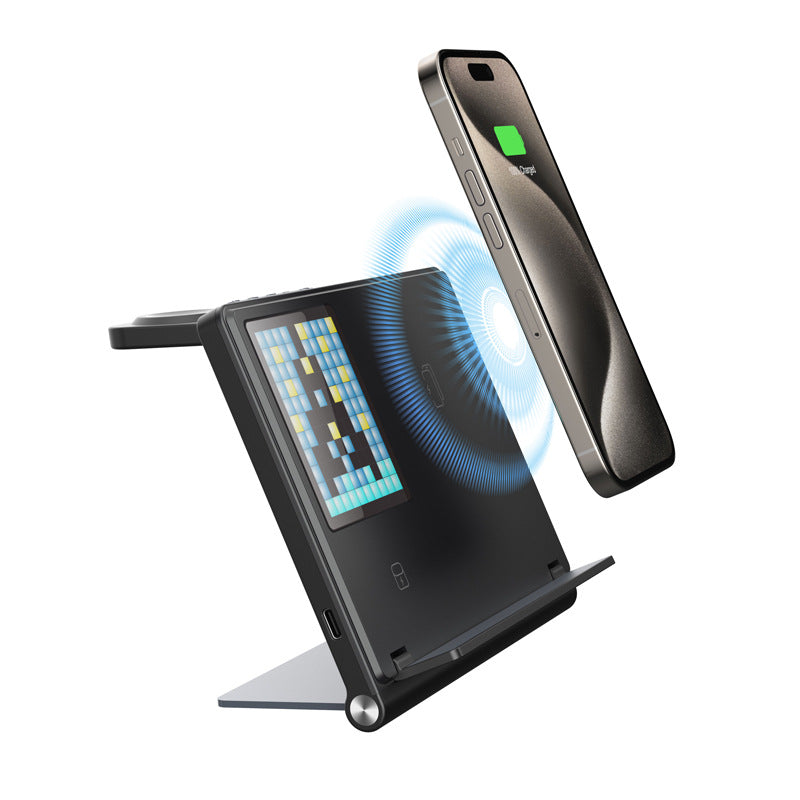 Trending product: 5-in-1 foldable wireless charging stand with pixel animation for smartphone, smartwatch, and earbuds.