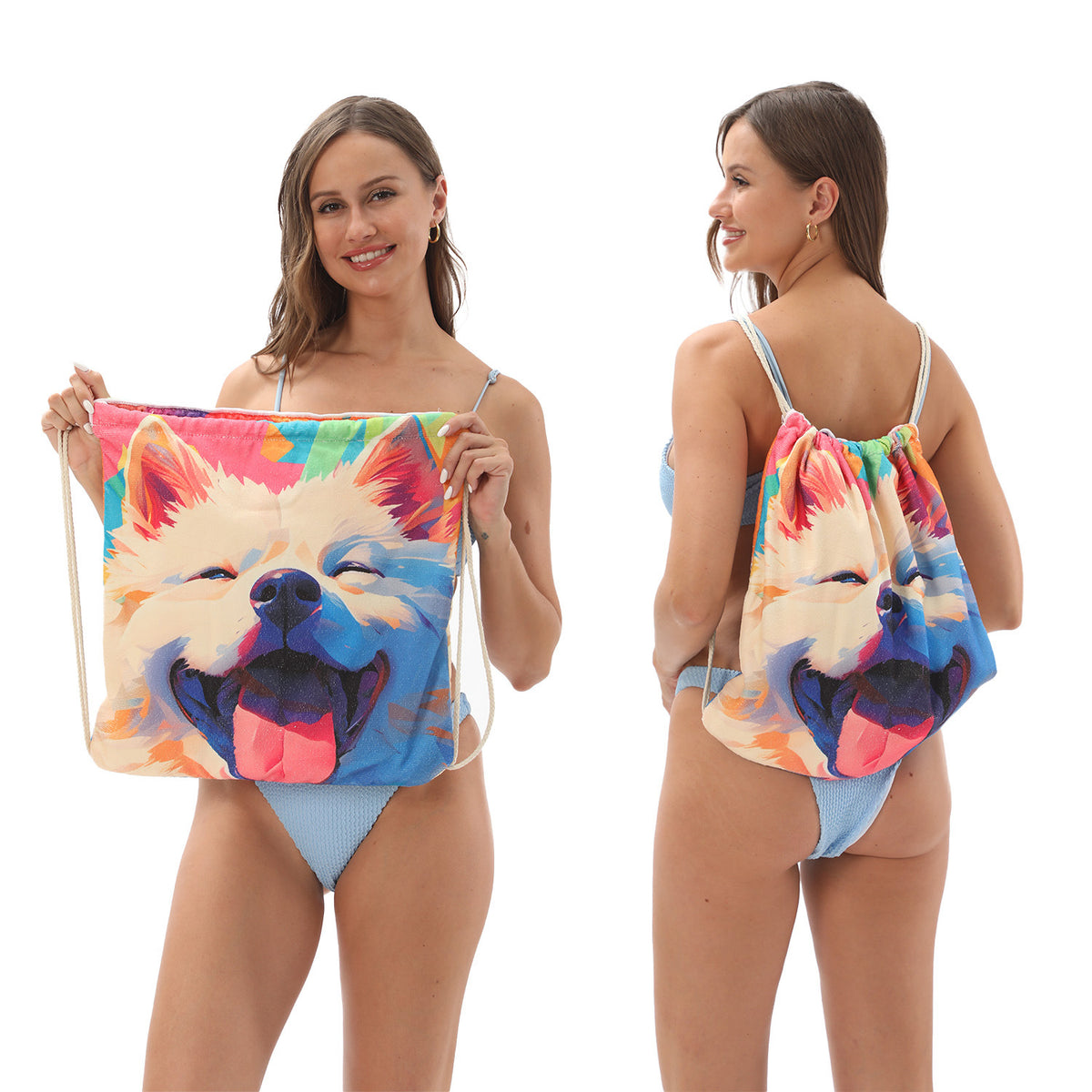 Serviette de plage pliable 2-en-1 et serviette de bain imprimée – Serviette de plage tout-en-un avec sac de rangement