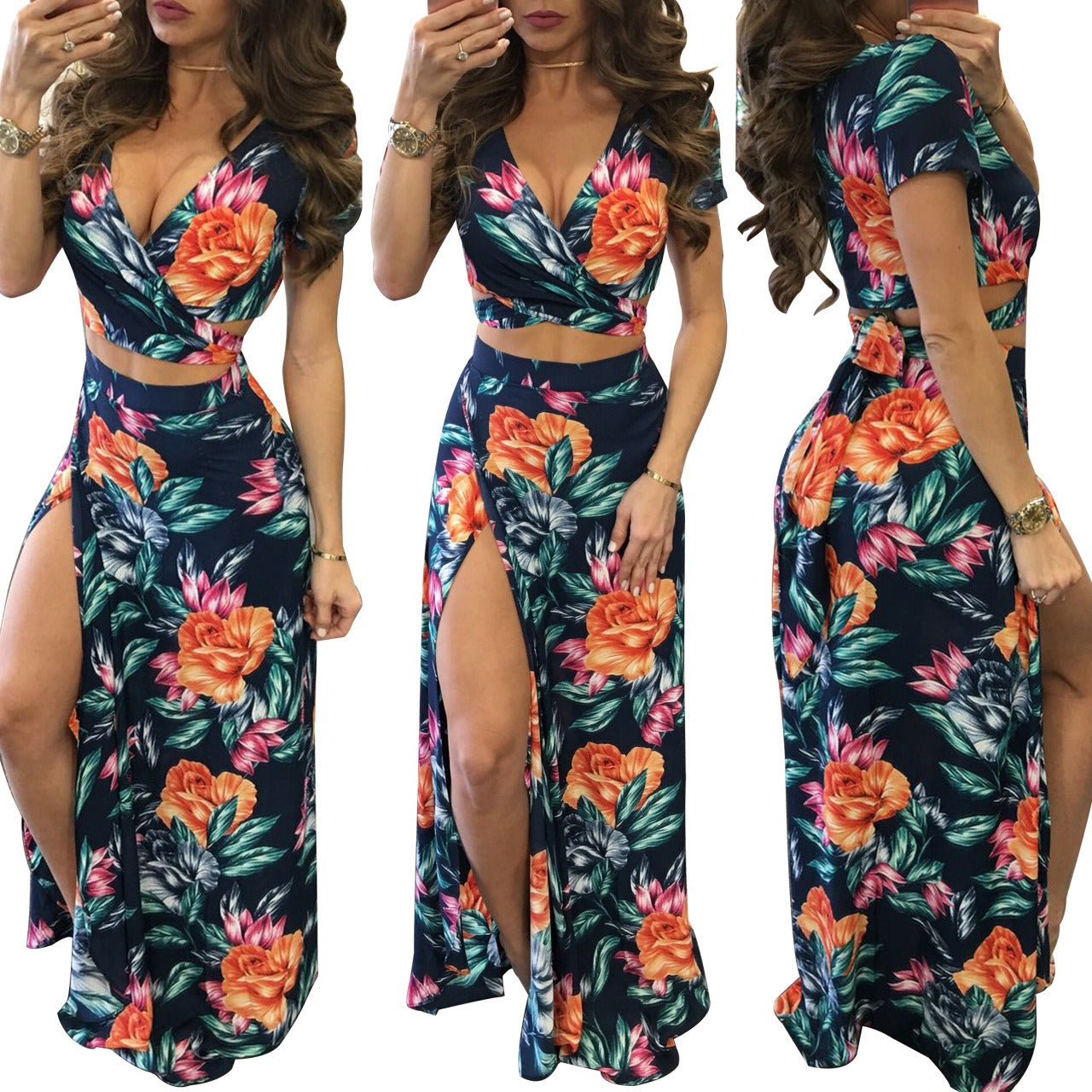 25,54 USD - Ensemble deux pièces robe fleurie classique en promotion