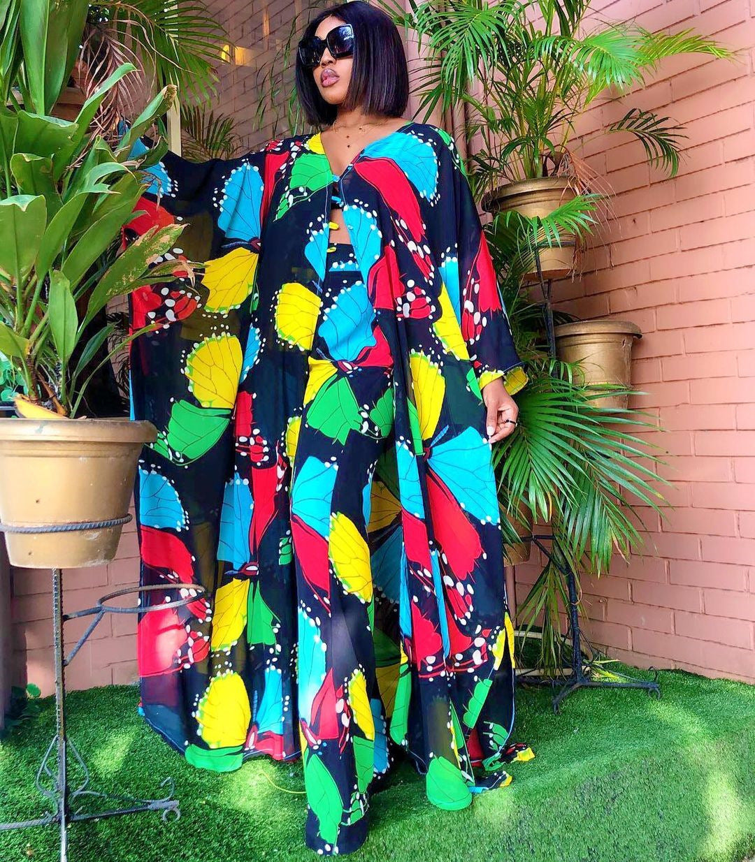 Ensemble deux pièces : cardigan en mousseline et pantalon ample (style robe africaine)