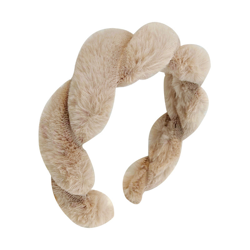 USD 15.72 - Faux Rabbit Fur Braided Headband, Cute Fluffy Solid Color Hair Accessory R526
