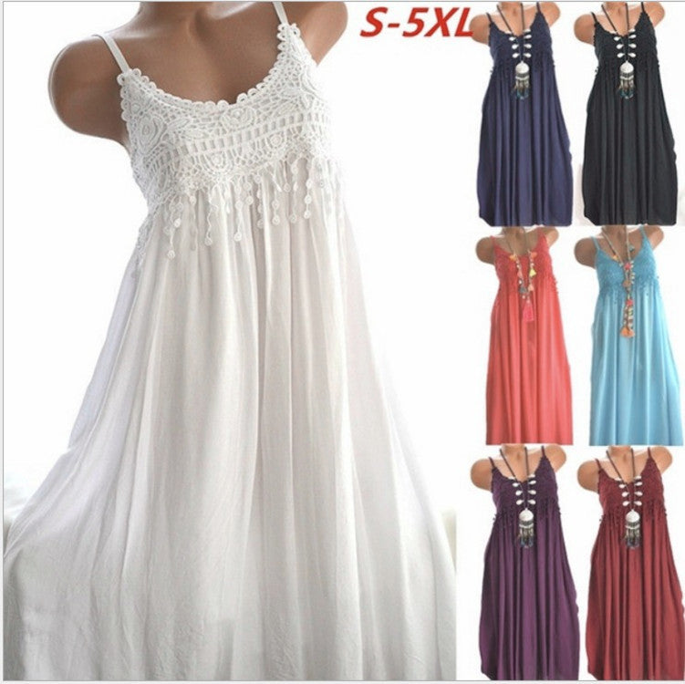 27,14 USD - Robe mi-longue à bretelles, sexy, en dentelle unie et empiècements,