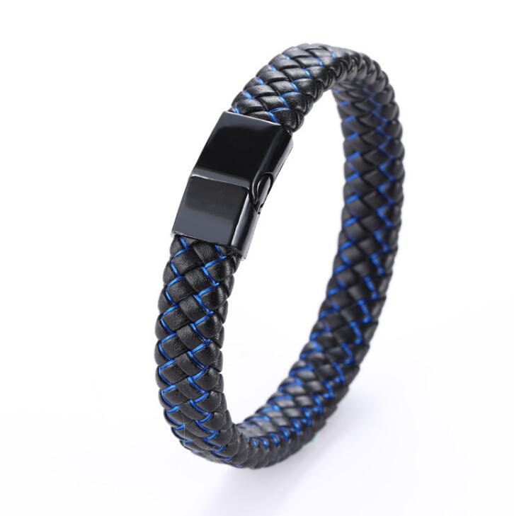14,86 USD - Bracelet homme en cuir tressé noir et bleu, fermoir magnétique en acier inoxydable, bracelet à breloques, cadeau