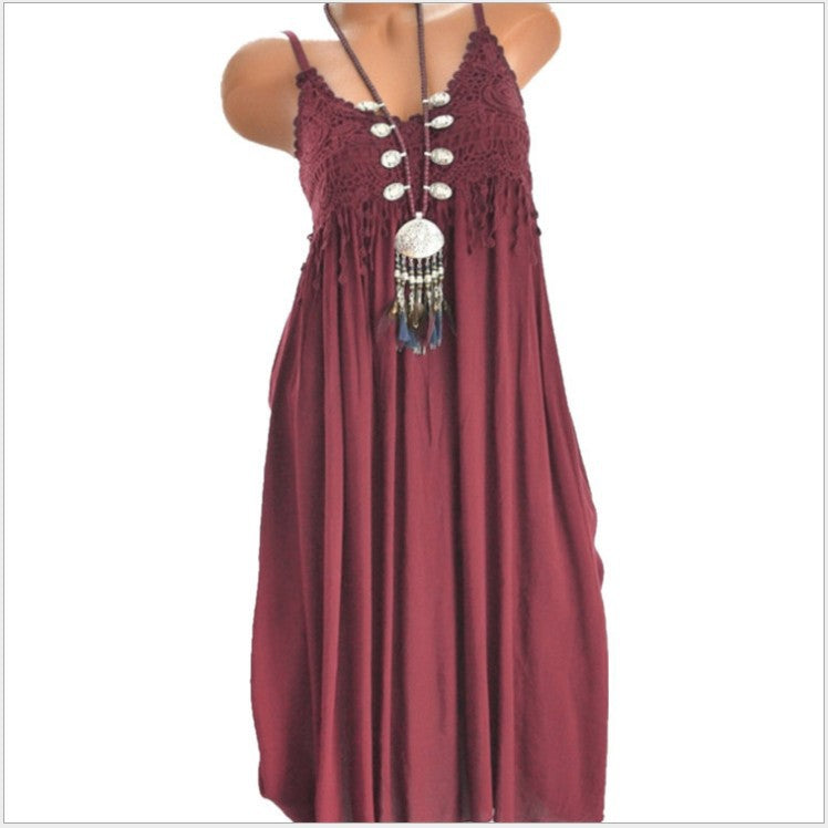 27,14 USD - Robe mi-longue à bretelles, sexy, en dentelle unie et empiècements,