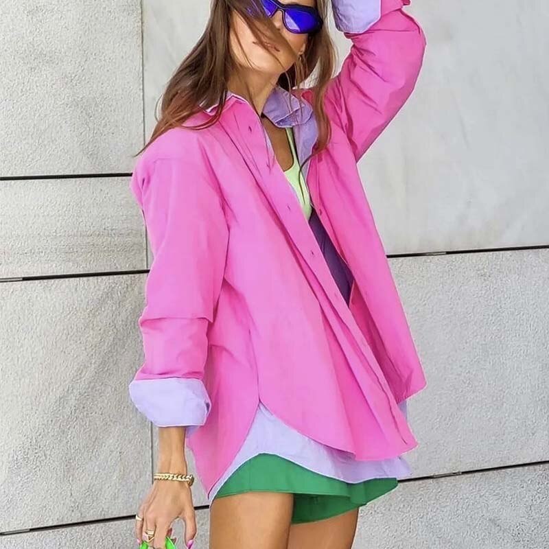 Chemise coton pour femme– Style oversize rose, 100 % coton, coupe ample, poches et boutons – Blouse chic et décontractée, style streetwear.