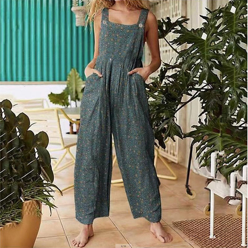 Combinaison en coton-lin décontractée pour femme – Sans manches, coupe ample, jambes larges, grandes tailles, style salopette longue et ample avec poches