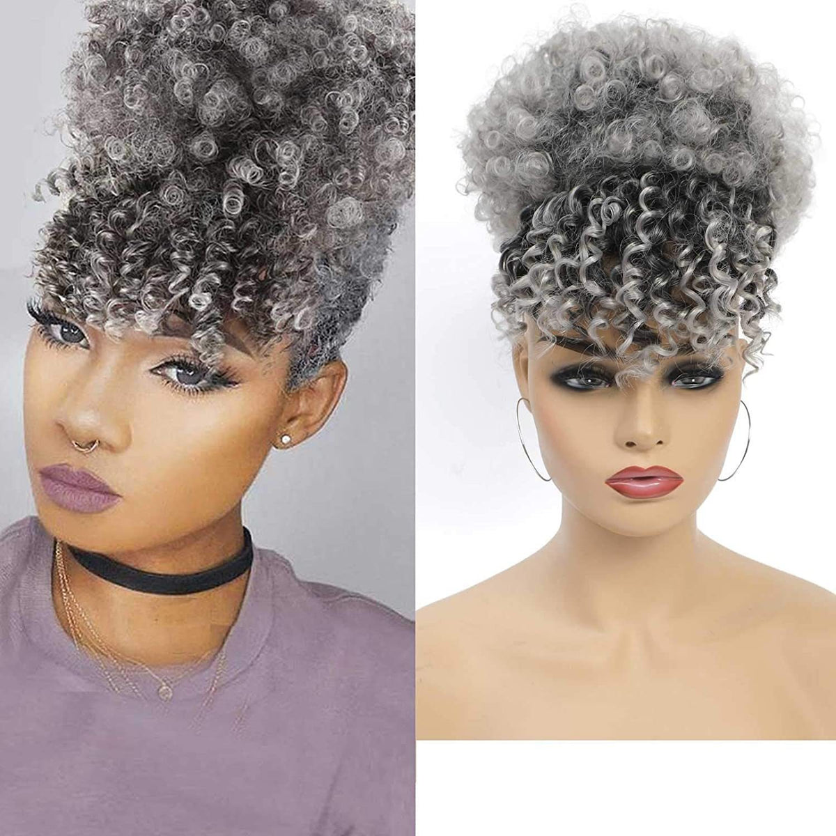 Trendy European/American hairstyle: voluminous bangs and small "pipe cleaner" curls for afro hair.