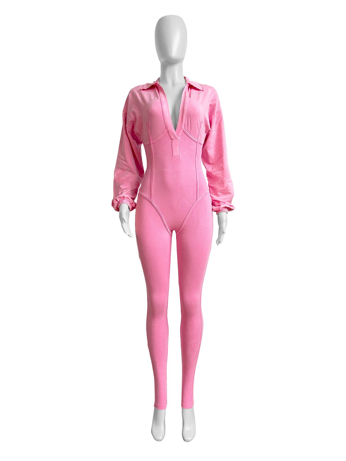 Combinaison tendance pour femme, style sexy à col en V profond, manches longues et effet délavé/vieilli, idéale pour l'automne et l'hiver.