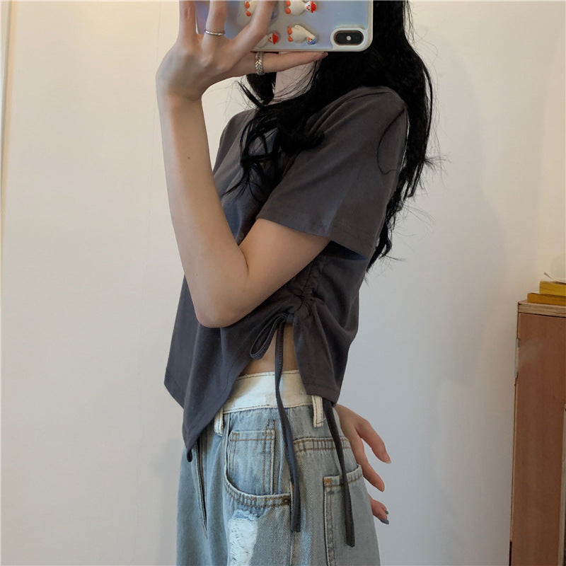 Women's Irregular Drawstring Short-Sleeved Crop Top, Casual Streetwear Student Style.
