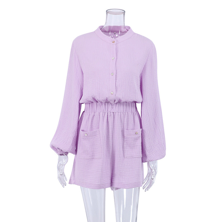 Trendy white women's long-sleeve cotton jumpsuit with shorts, comfortable and breathable, ideal for home wear.