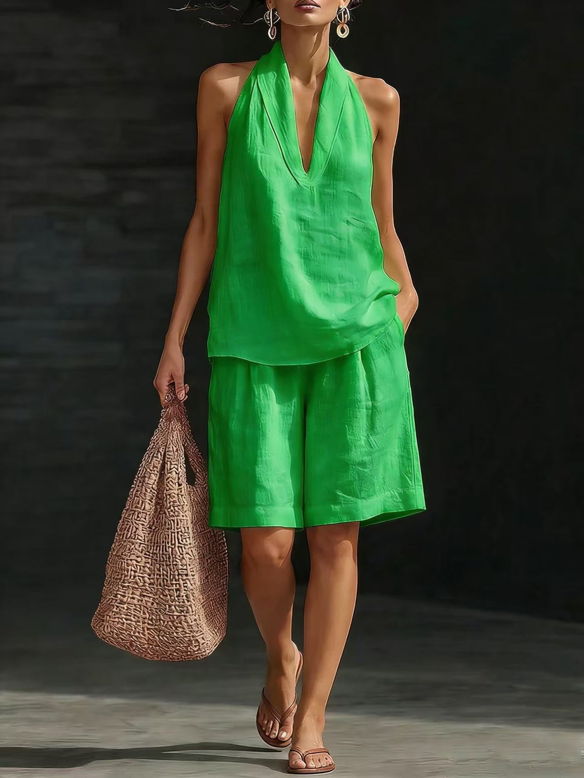 Ensemble décontracté pour femme (gilet et short) en mélange lin-coton, coupe ample tendance, style printemps-été