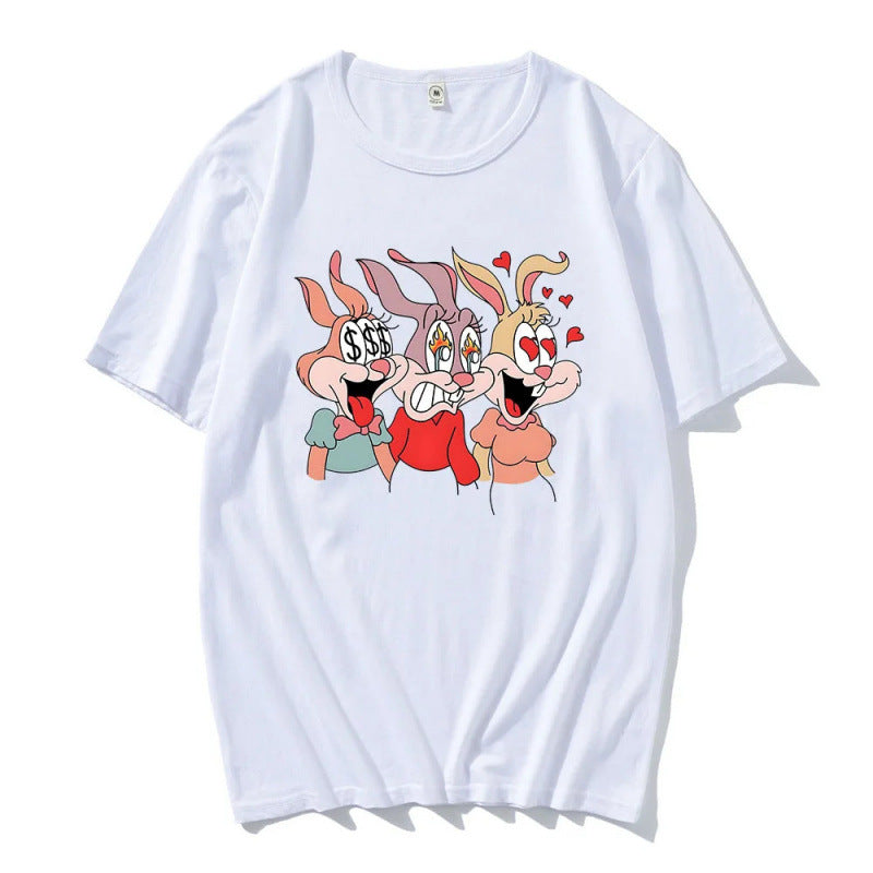 16.88 USD T-shirt unisexe à manches courtes, imprimé lapin mignon, en polyester fin noir et blanc, pour hommes et femmes.