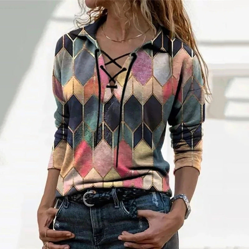 Women's trendy long-sleeved tie V-neck printed top