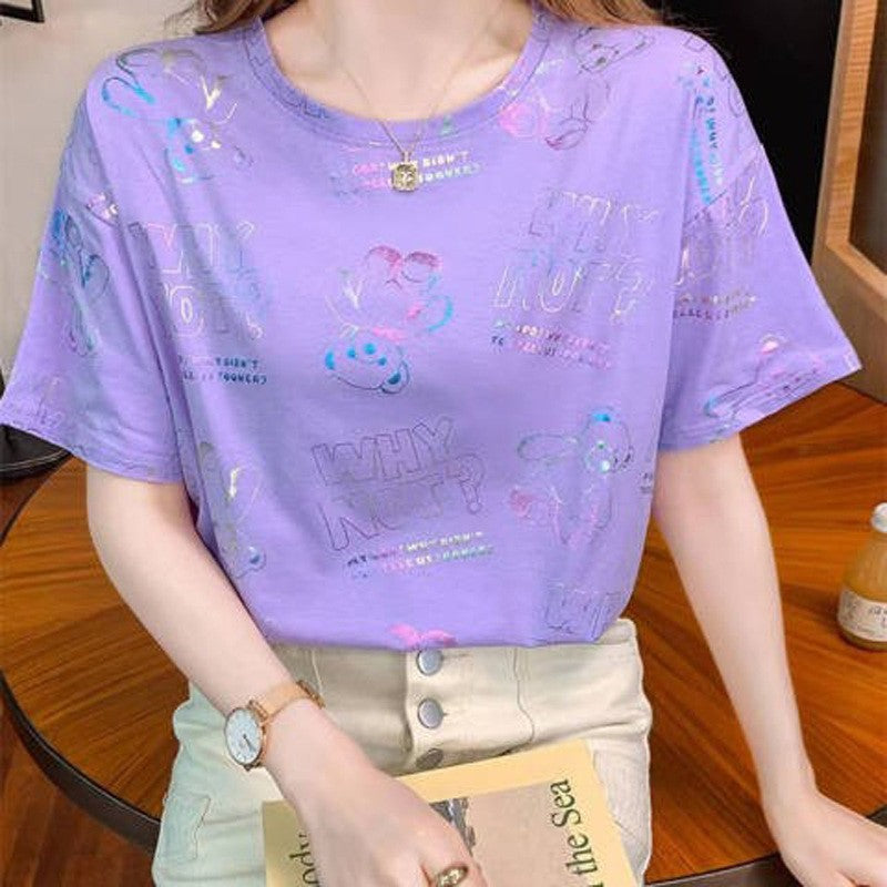 Casual Loose Fit Cotton Blend Short Sleeve T-Shirt for Women Summer Top with Regular Shoulder Design