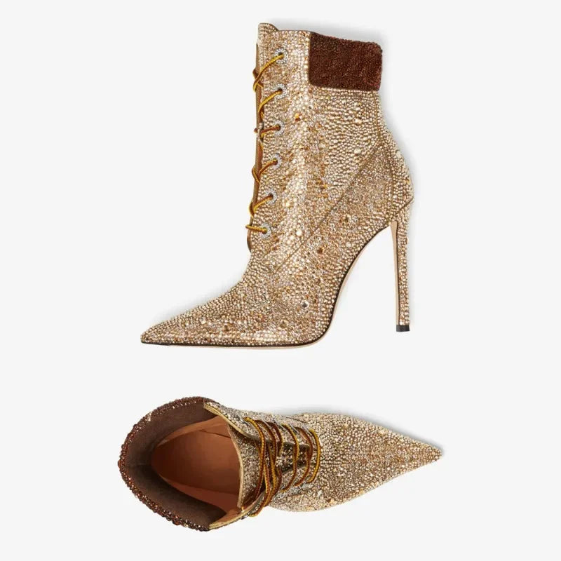 Short ankle boots with crossed straps, dégradé colors, "Water Diamond" style, sexy and daring, perfect for parties and special occasions. Sizes 35 to 41.
