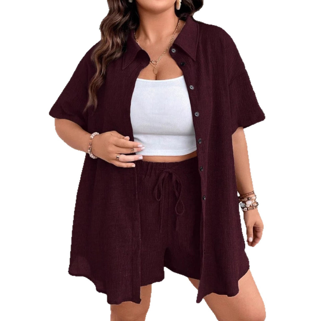 Ensemble cardigan et short boutonné, couleur unie, style vacances, pour femme, grandes tailles.
