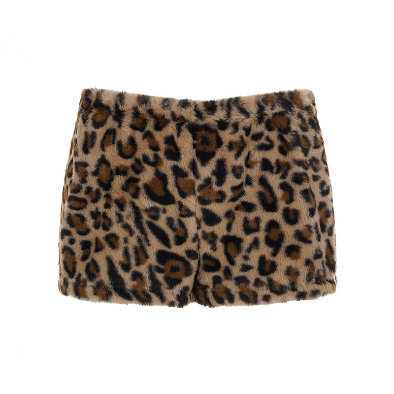 Pantalon taille basse duveteux imprimé léopard pour femme, T-shirt moulant asymétrique à manches longues, ensemble décontracté