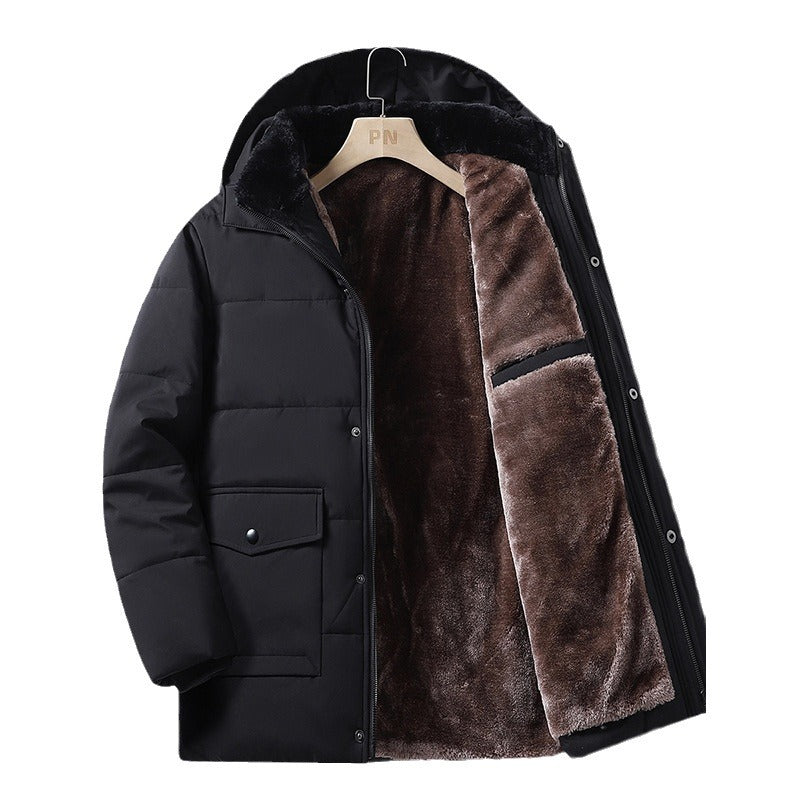 68.10 USD Manteau d'hiver pour homme, nouveau style, avec ajout de velours et de coton épais et chaud, mi-long à capuche, grandes tailles disponibles.