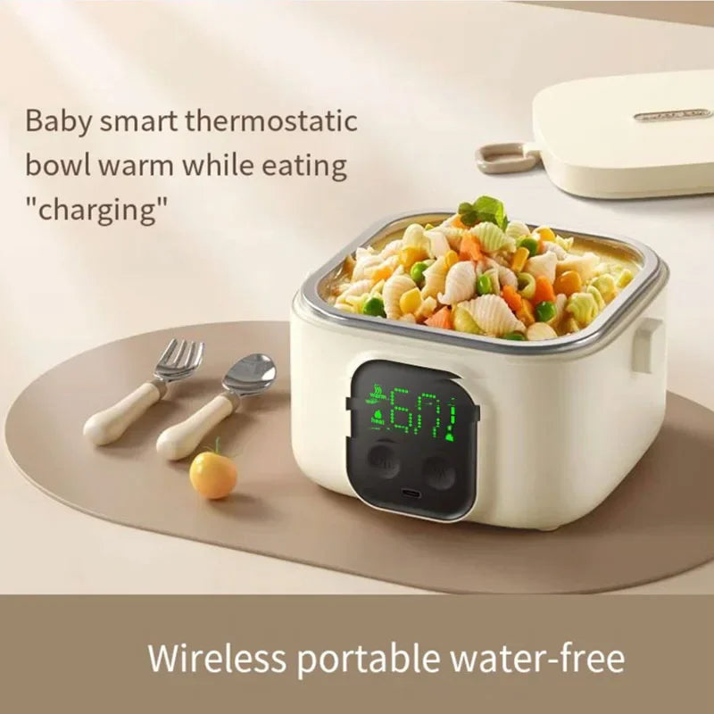 Wireless and waterless portable heating lunch box, small capacity, ideal for babies and camping trips. LCD screen. Rechargeable electric lunch box.