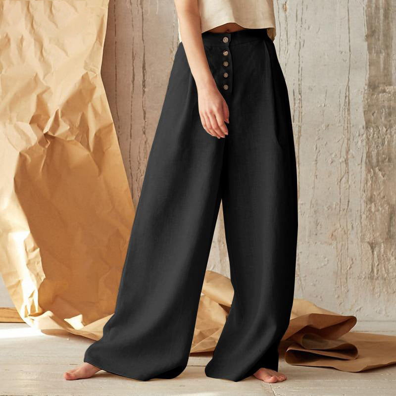 Pantalon décontracté pour femme en mélange coton-lin, coupe ample et jambes larges