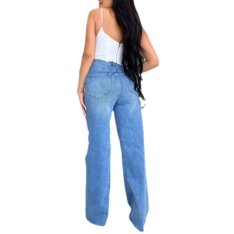 Pantalon femme, jean déchiré, pantalon en denim taille haute, pantalon en denim à jambes larges, vêtements en denim bleu, jean vintage, mode décontractée, pantalon droit