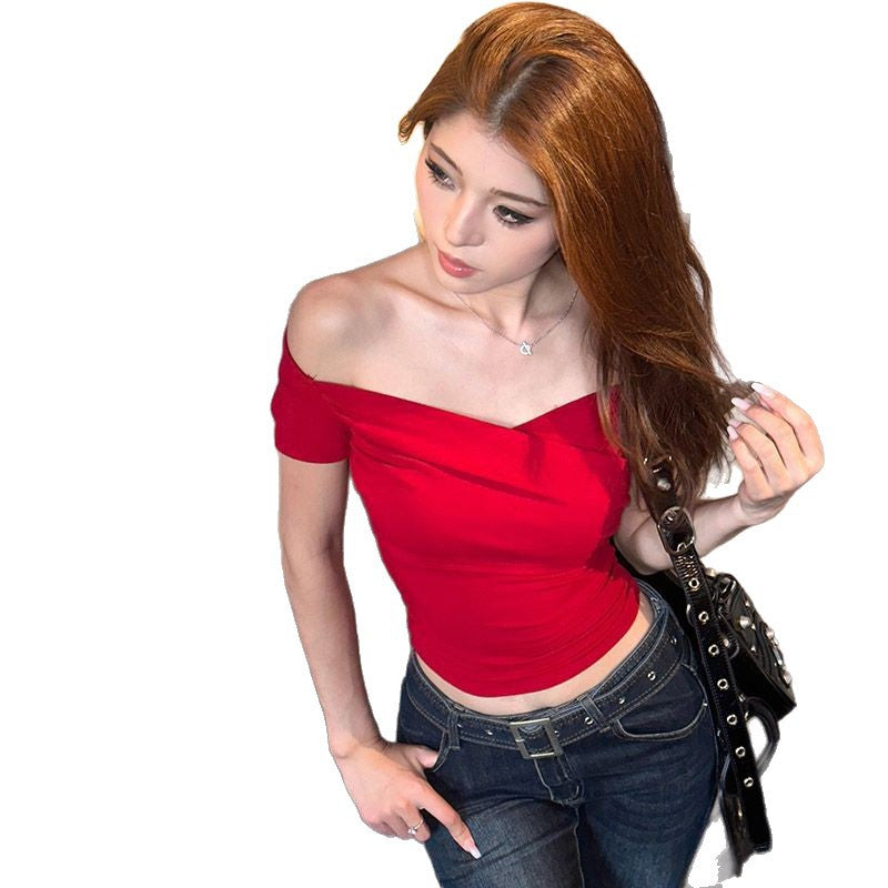 Women's Red Sexy Short Sleeve V-Neck Slim Fit Crop Top with Plunging V-Neckline