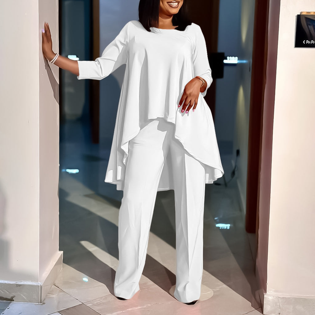 Ensemble élégant deux pièces de style africain : haut ample et asymétrique tendance avec pantalon