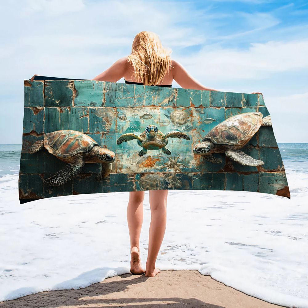 Serviette de plage en microfibre ultra-fine à motif de tortue marine – Serviette de bain double face à séchage rapide – Tapis de plage anti-sable