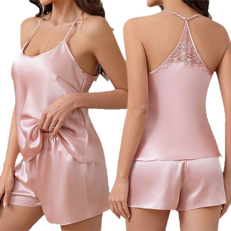 Ensemble de vêtements d'intérieur décontractés pour femme, débardeur et short couleur unie effet soie avec dentelle, tenue de nuit