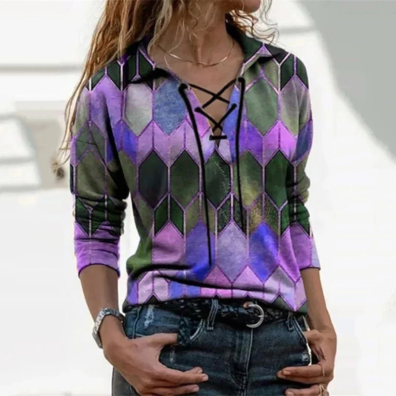 Women's trendy long-sleeved tie V-neck printed top