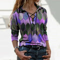 Women's trendy long-sleeved tie V-neck printed top