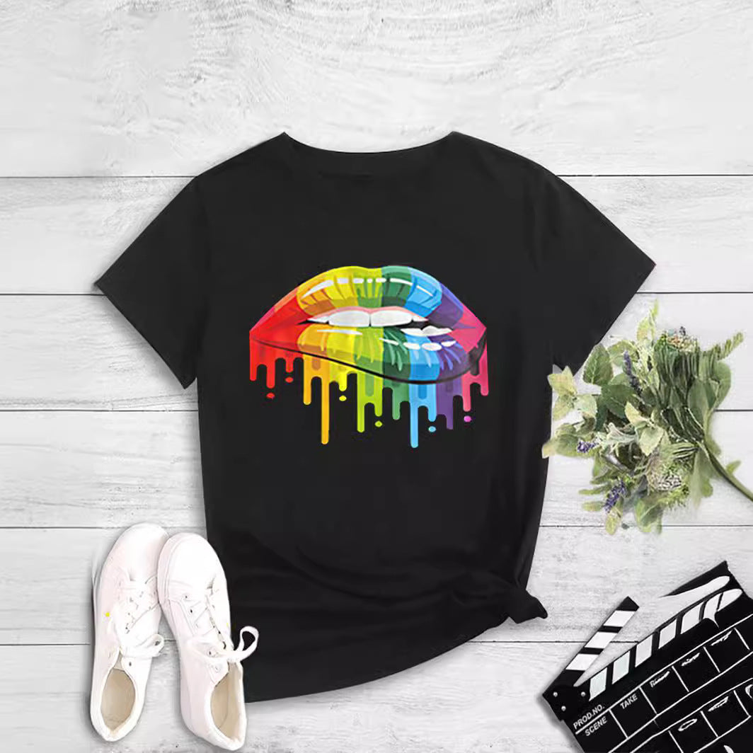 T-shirt pull à col rond imprimé lèvres pour femme