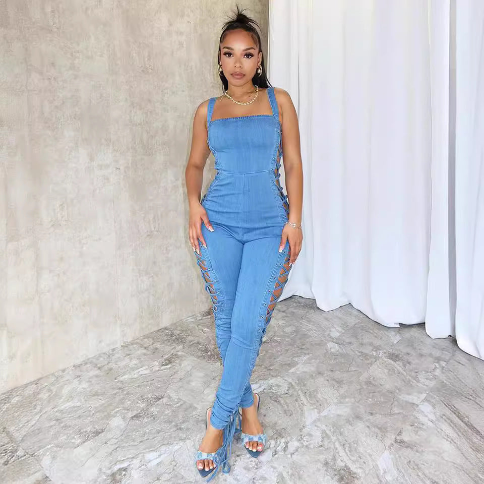 Combinaison-pantalon en jean tendance pour femme, avec ceinture et cordon de serrage latéral