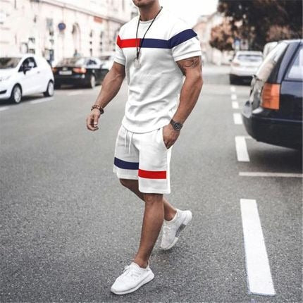 Men's casual round-neck short-sleeved t-shirt set with 3D print