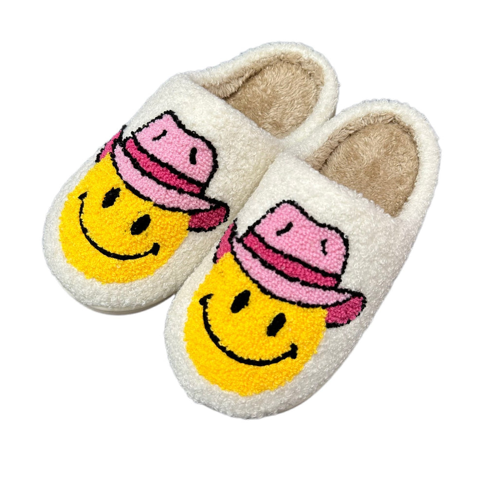 13.39 USD Pantoufles d'intérieur en coton doux à motif visage souriant en denim pour hommes et femmes