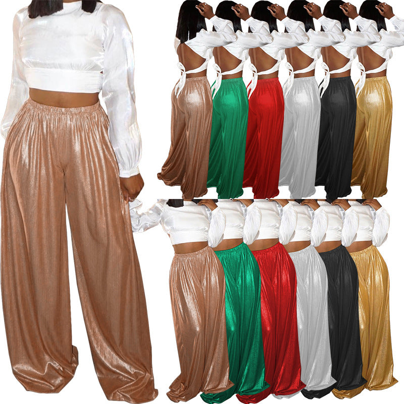 Pantalon large pour femme, style tendance et décontracté, avec motif doré réalisé par marquage à chaud.